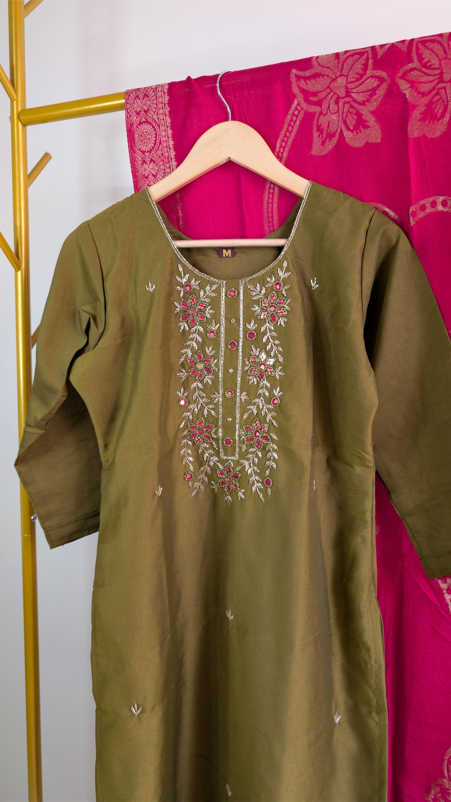 Mehendi Green Embroidered Kurta Set with Contrast Pink Banarasi Dupatta | Elegant Festive Wear for Women (AC00057)