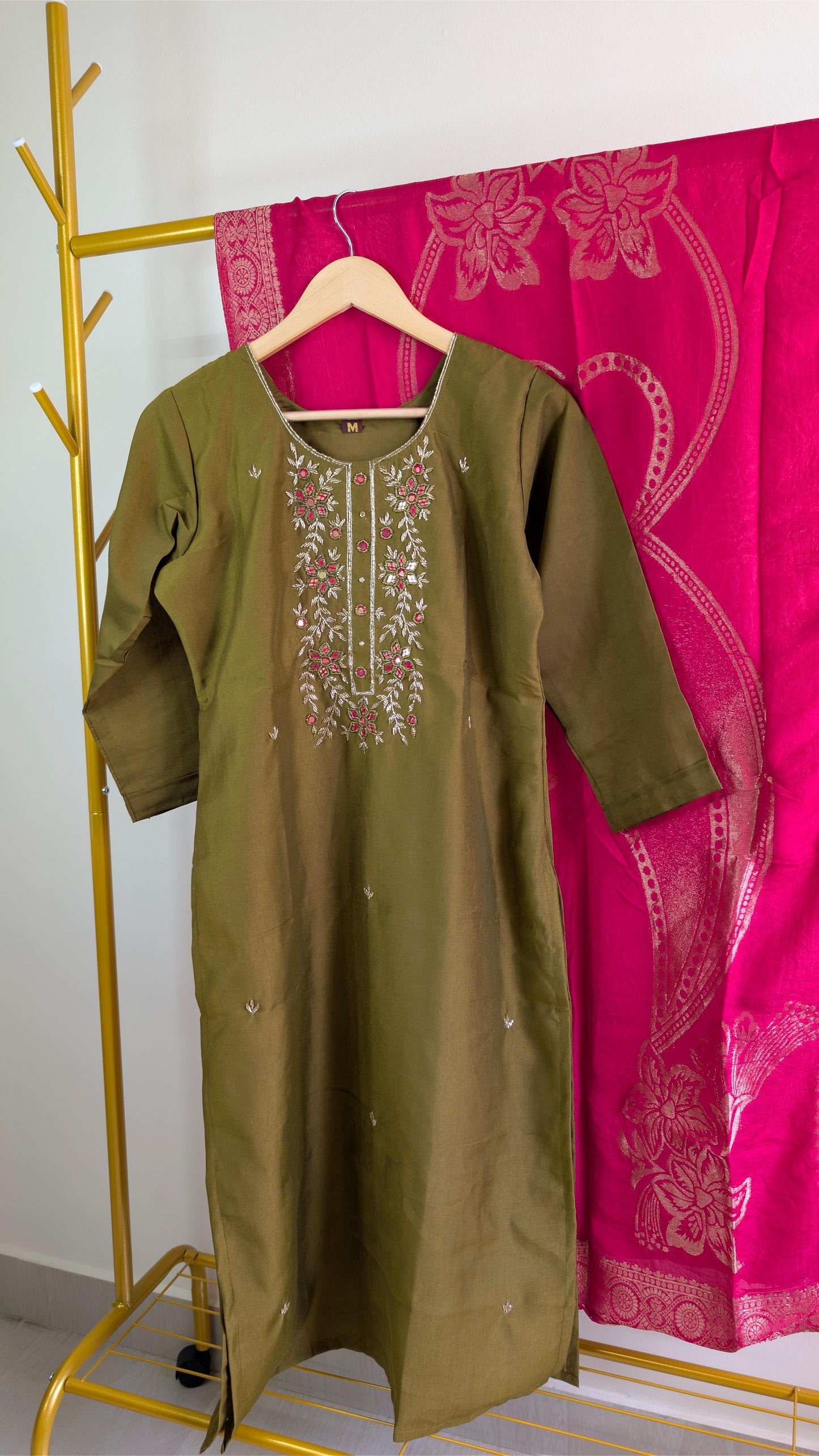Mehendi Green Embroidered Kurta Set with Contrast Pink Banarasi Dupatta | Elegant Festive Wear for Women (AC00057)
