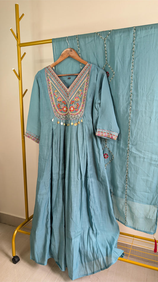 Graceful Teal Blue Mul Chanderi Embroidered 3-Piece Kurti Set with Dupatta – Festive & Ethnic Wear for Women (AC00058)