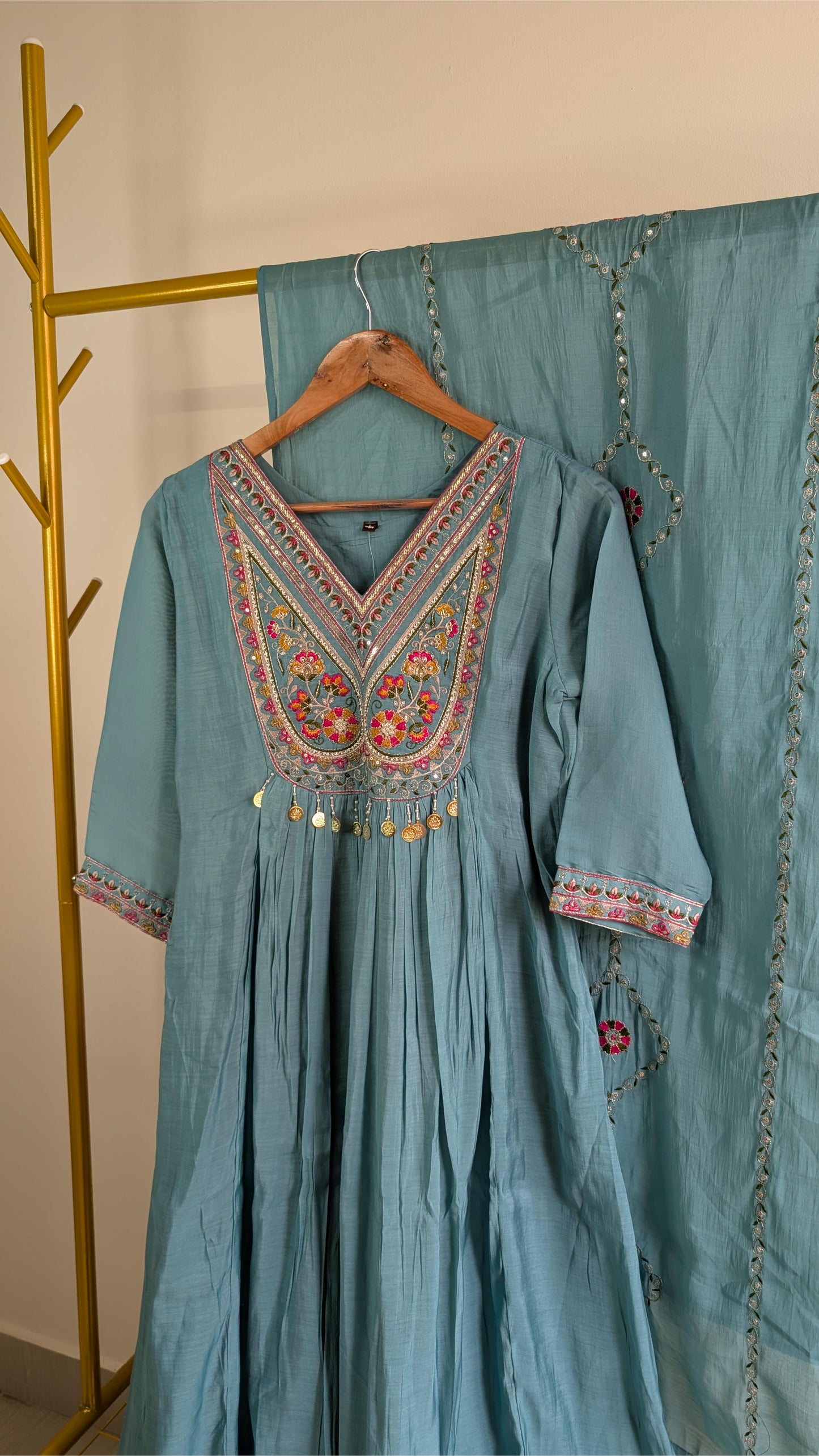 Graceful Teal Blue Mul Chanderi Embroidered 3-Piece Kurti Set with Dupatta – Festive & Ethnic Wear for Women (AC00058)