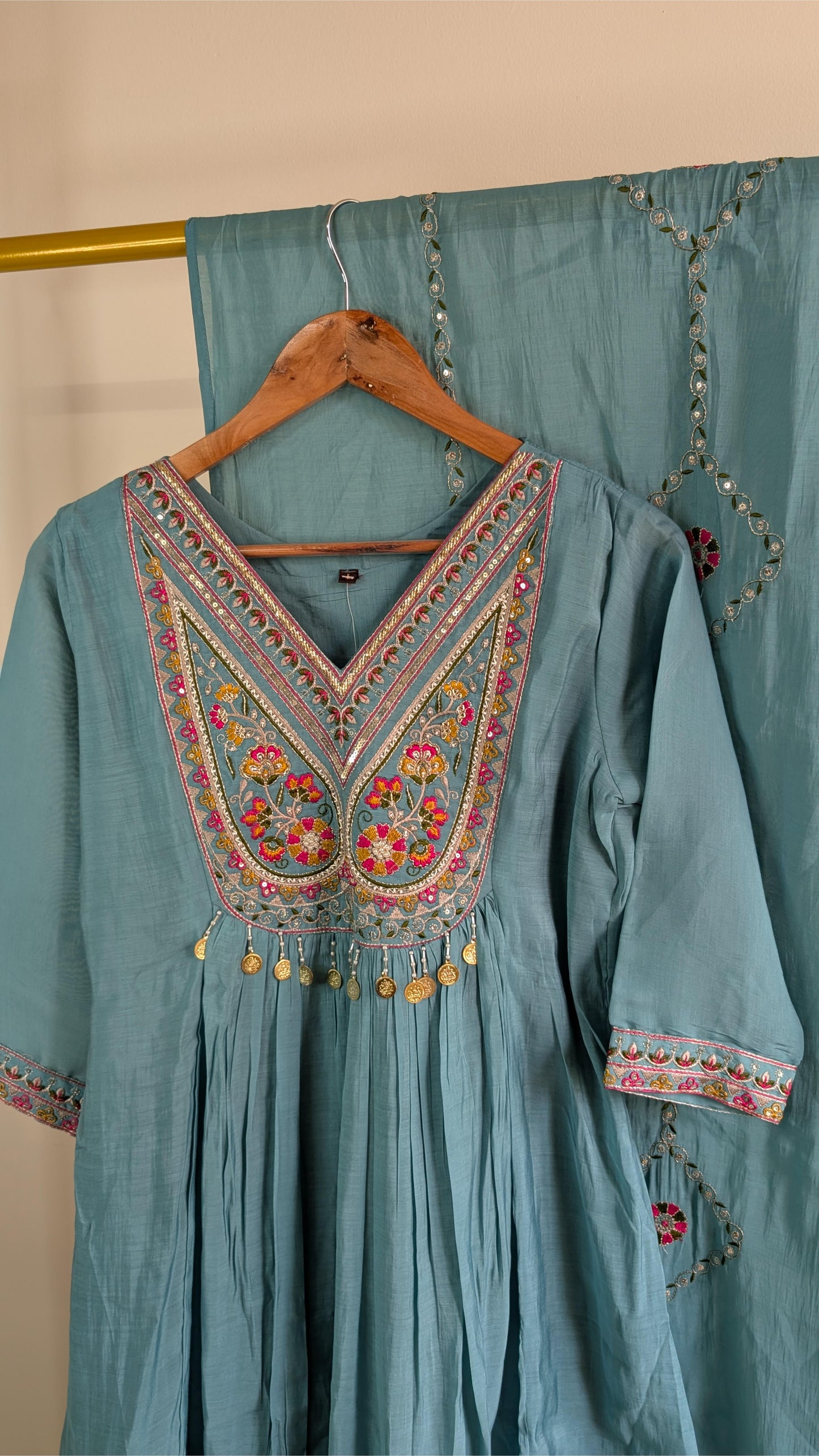Graceful Teal Blue Mul Chanderi Embroidered 3-Piece Kurti Set with Dupatta – Festive & Ethnic Wear for Women (AC00058)
