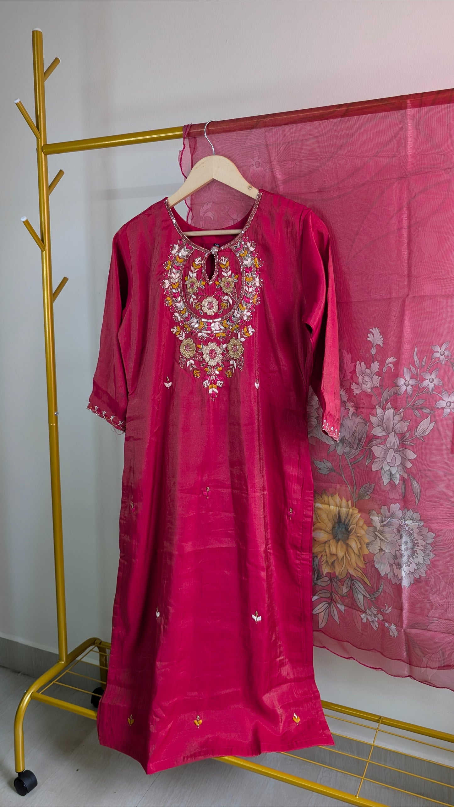 Designer Reddish Pink Embroidered 3-Piece Kurta Set with Floral Dupatta | Festive & Party Wear (AC00054)