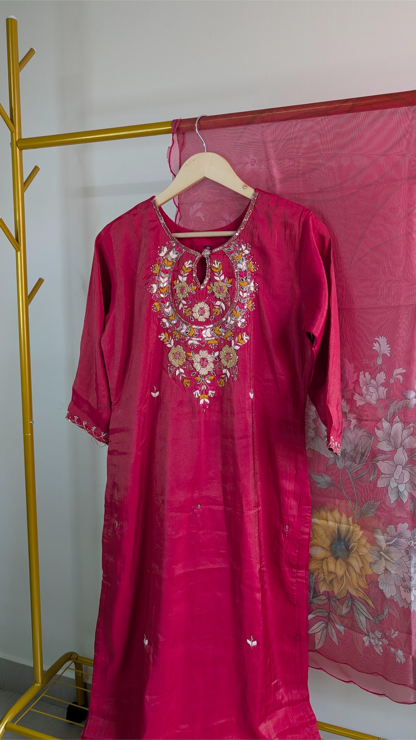 Designer Reddish Pink Embroidered 3-Piece Kurta Set with Floral Dupatta | Festive & Party Wear (AC00054)