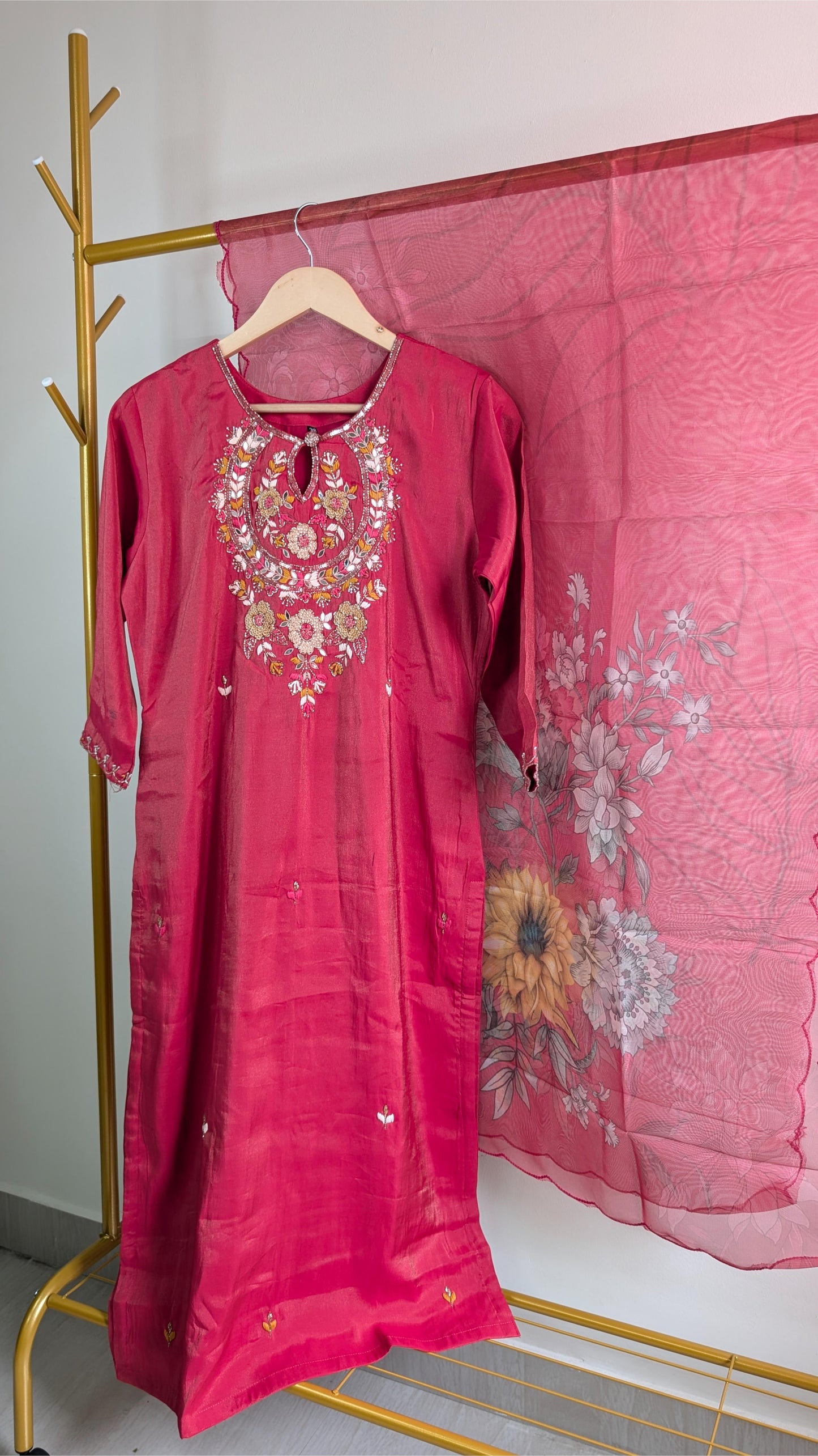 Designer Reddish Pink Embroidered 3-Piece Kurta Set with Floral Dupatta | Festive & Party Wear (AC00054)
