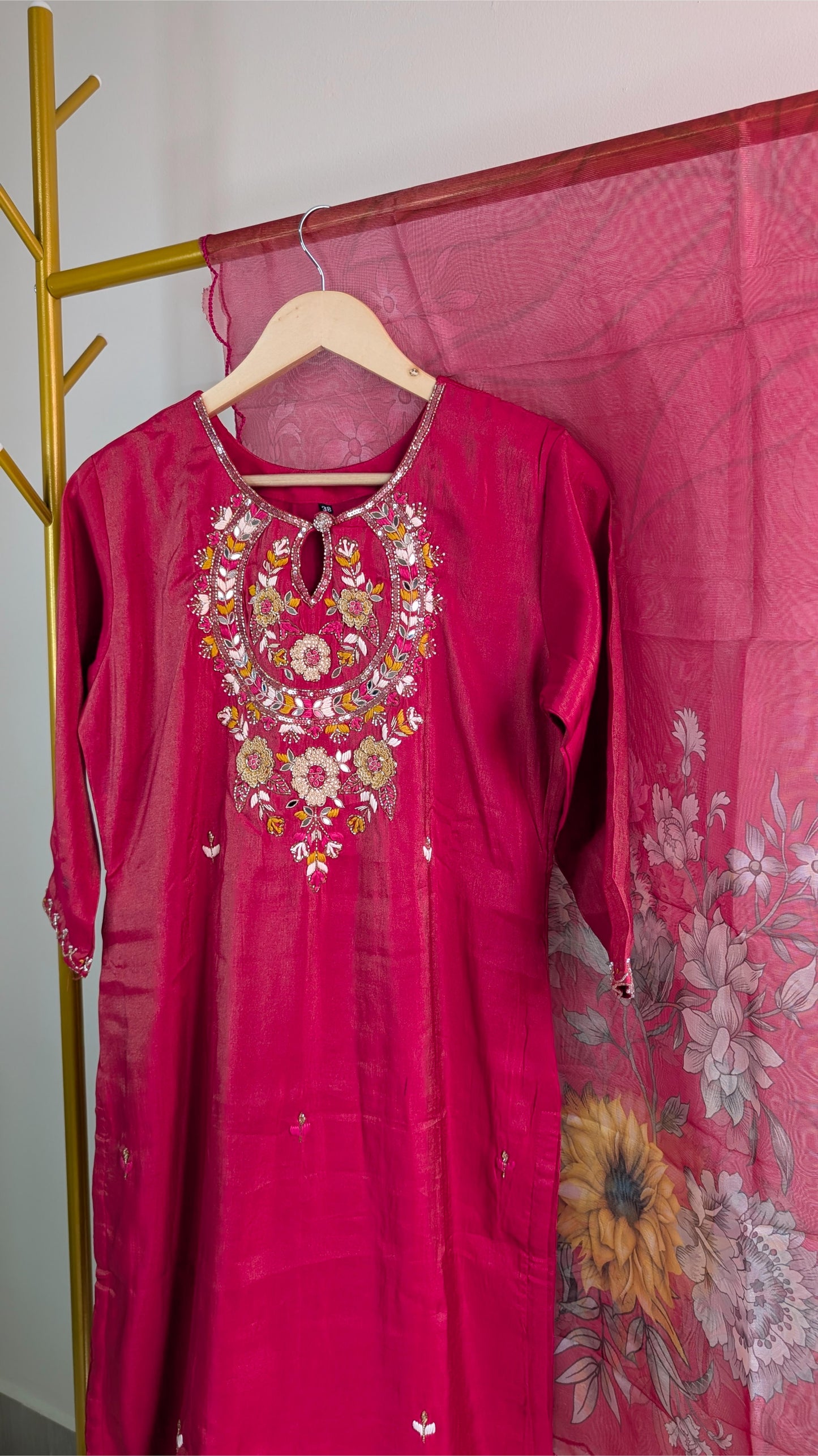 Designer Reddish Pink Embroidered 3-Piece Kurta Set with Floral Dupatta | Festive & Party Wear (AC00054)