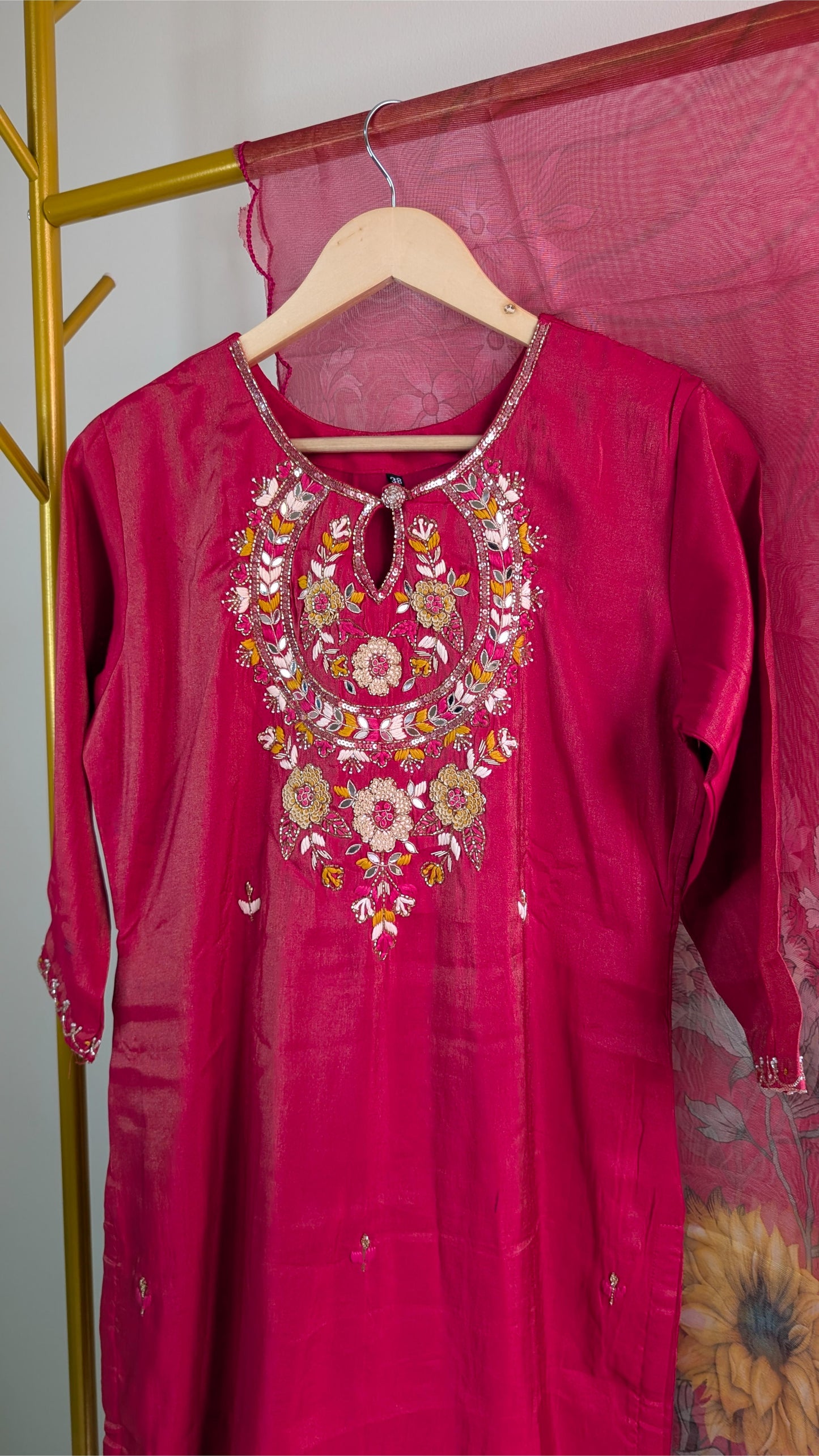 Designer Reddish Pink Embroidered 3-Piece Kurta Set with Floral Dupatta | Festive & Party Wear (AC00054)