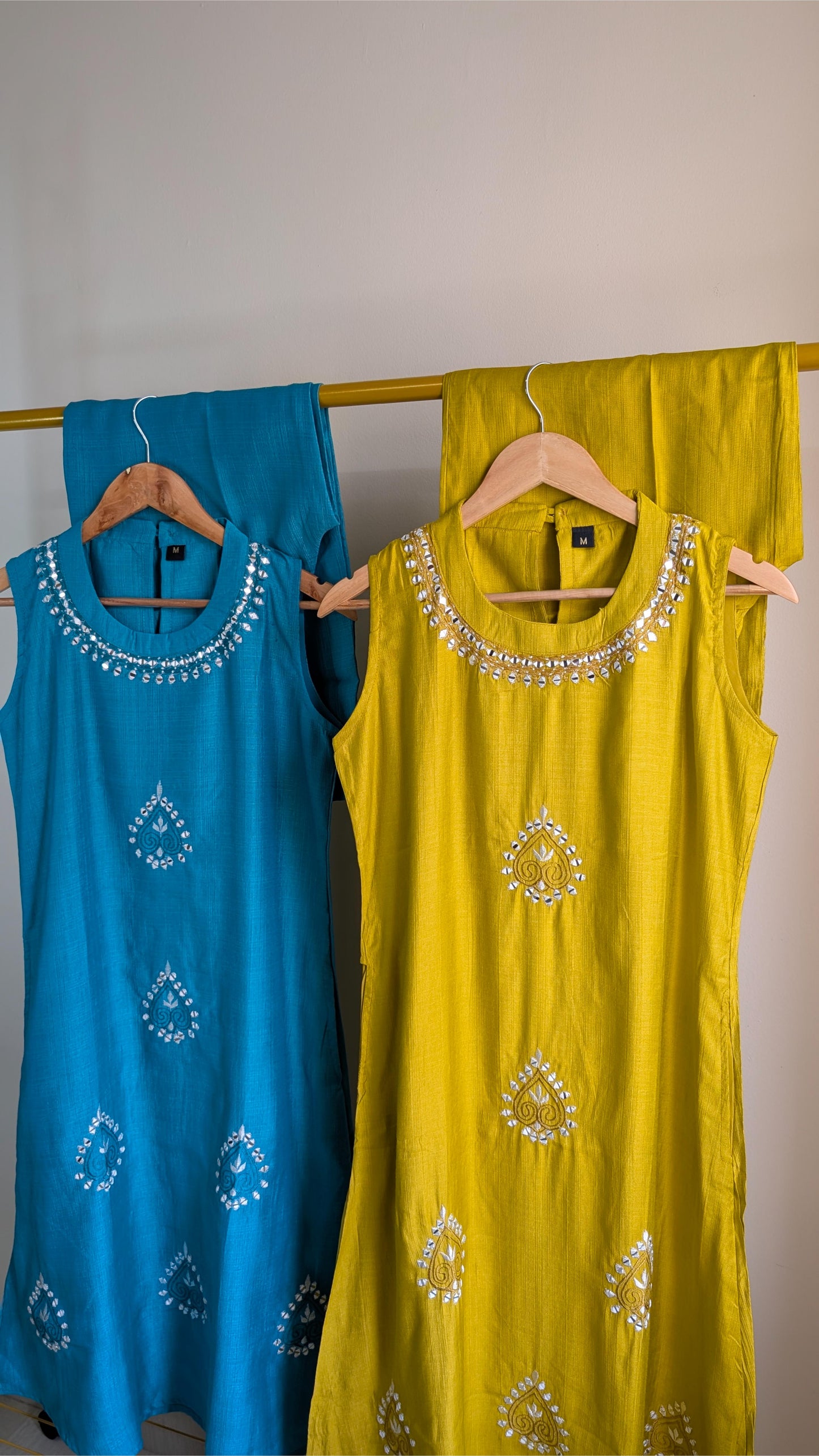 Elegant 2-Piece Kurta Set in Yellow & Aqua Green | Mirror Work Festive Wear for Women (AC00053)