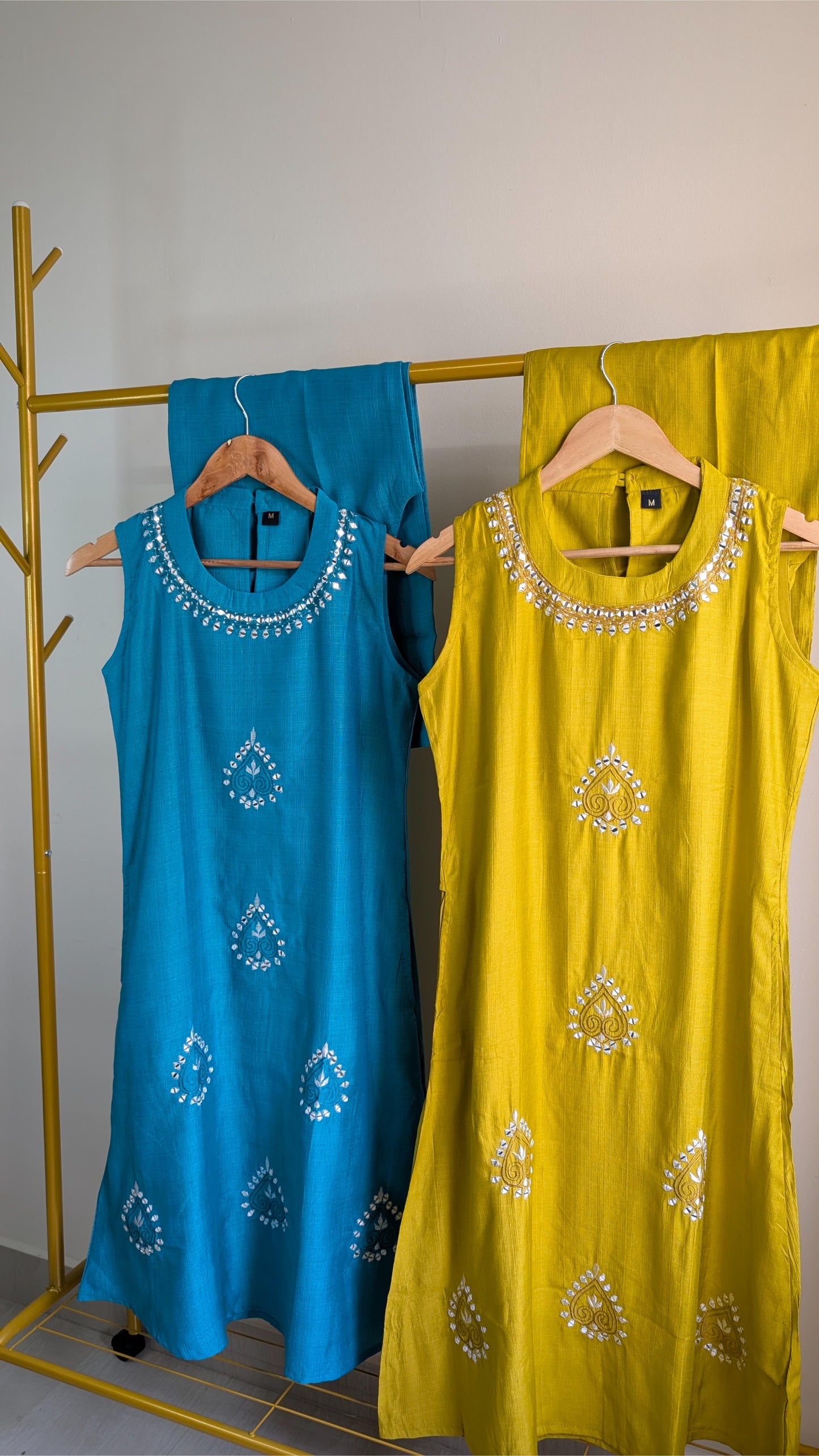 Elegant 2-Piece Kurta Set in Yellow & Aqua Green | Mirror Work Festive Wear for Women (AC00053)