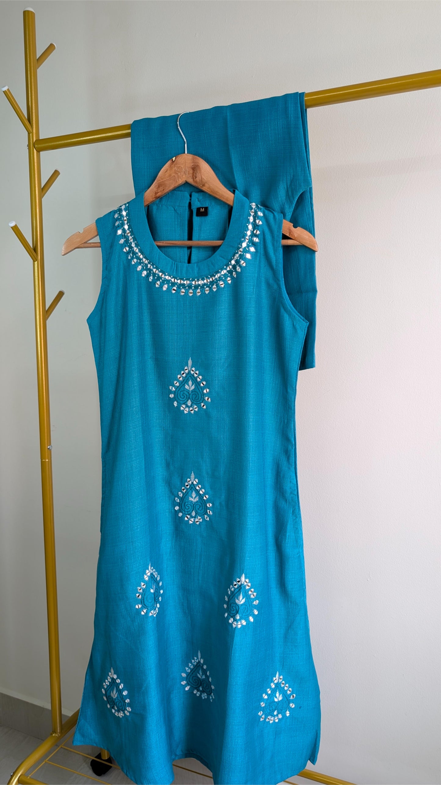 Elegant 2-Piece Kurta Set in Yellow & Aqua Green | Mirror Work Festive Wear for Women (AC00053)