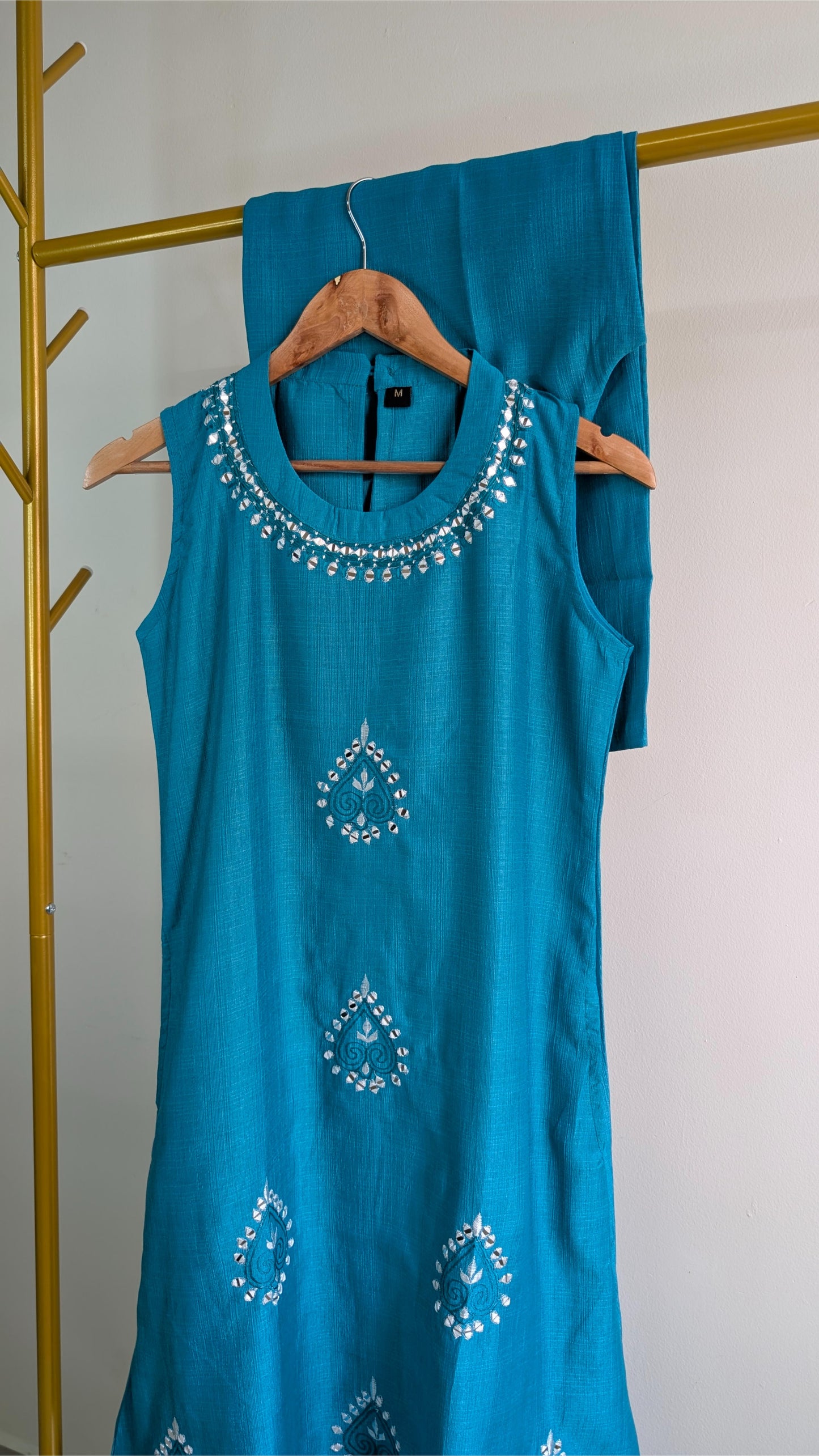 Elegant 2-Piece Kurta Set in Yellow & Aqua Green | Mirror Work Festive Wear for Women (AC00053)