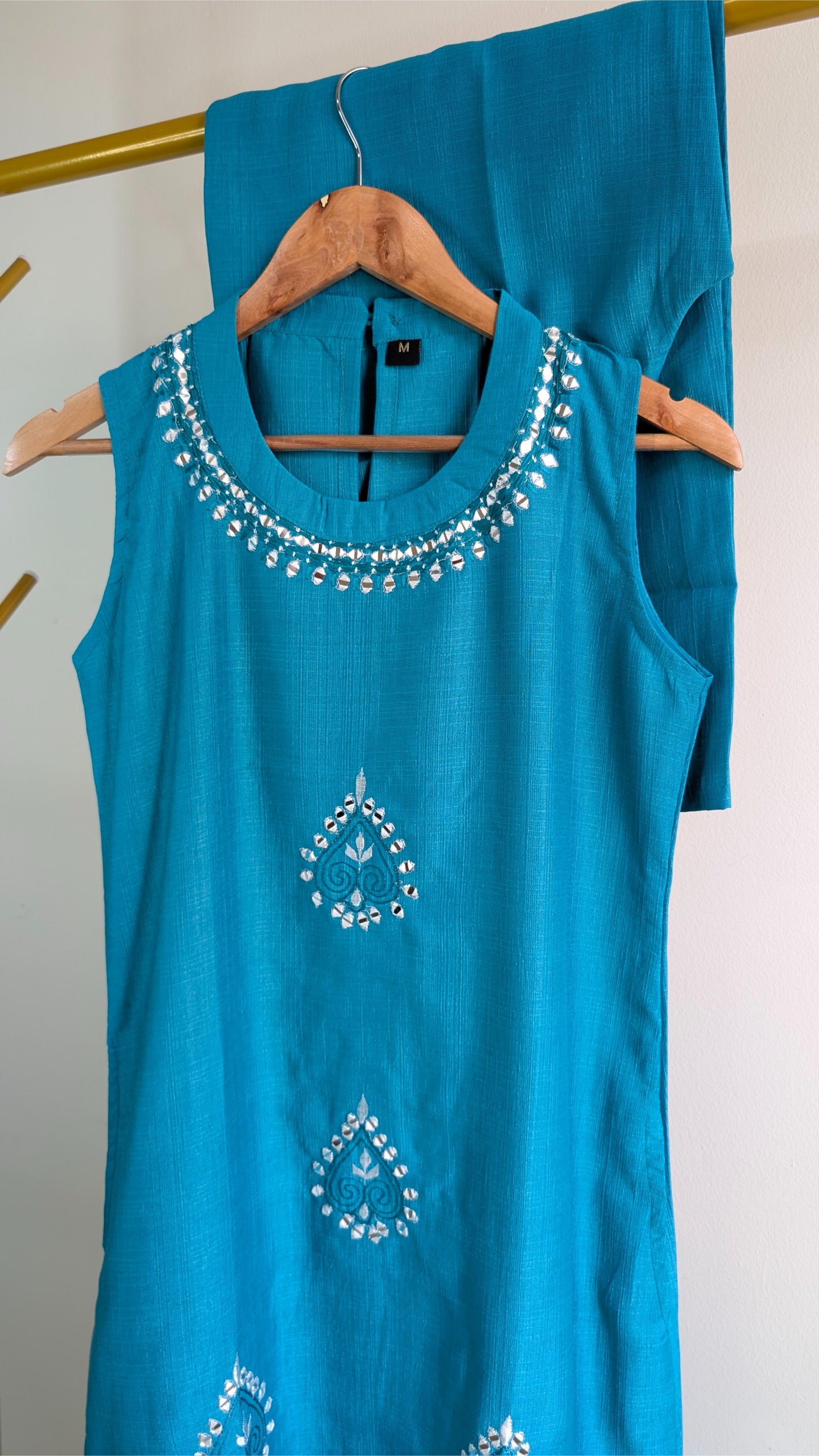 Elegant 2-Piece Kurta Set in Yellow & Aqua Green | Mirror Work Festive Wear for Women (AC00053)