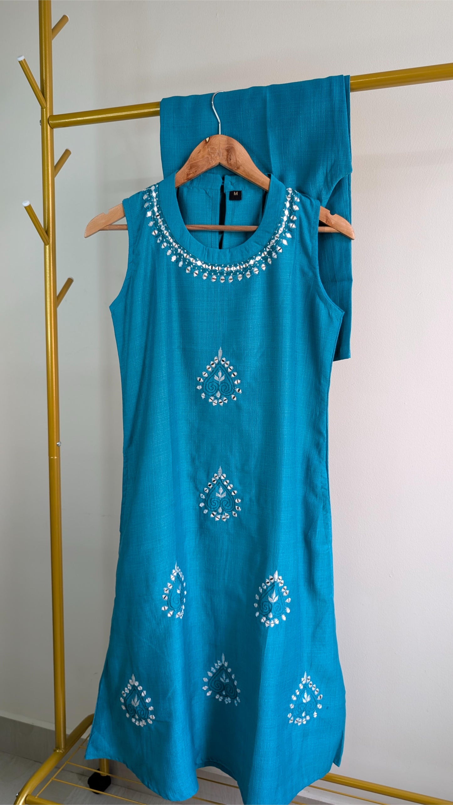 Elegant 2-Piece Kurta Set in Yellow & Aqua Green | Mirror Work Festive Wear for Women (AC00053)