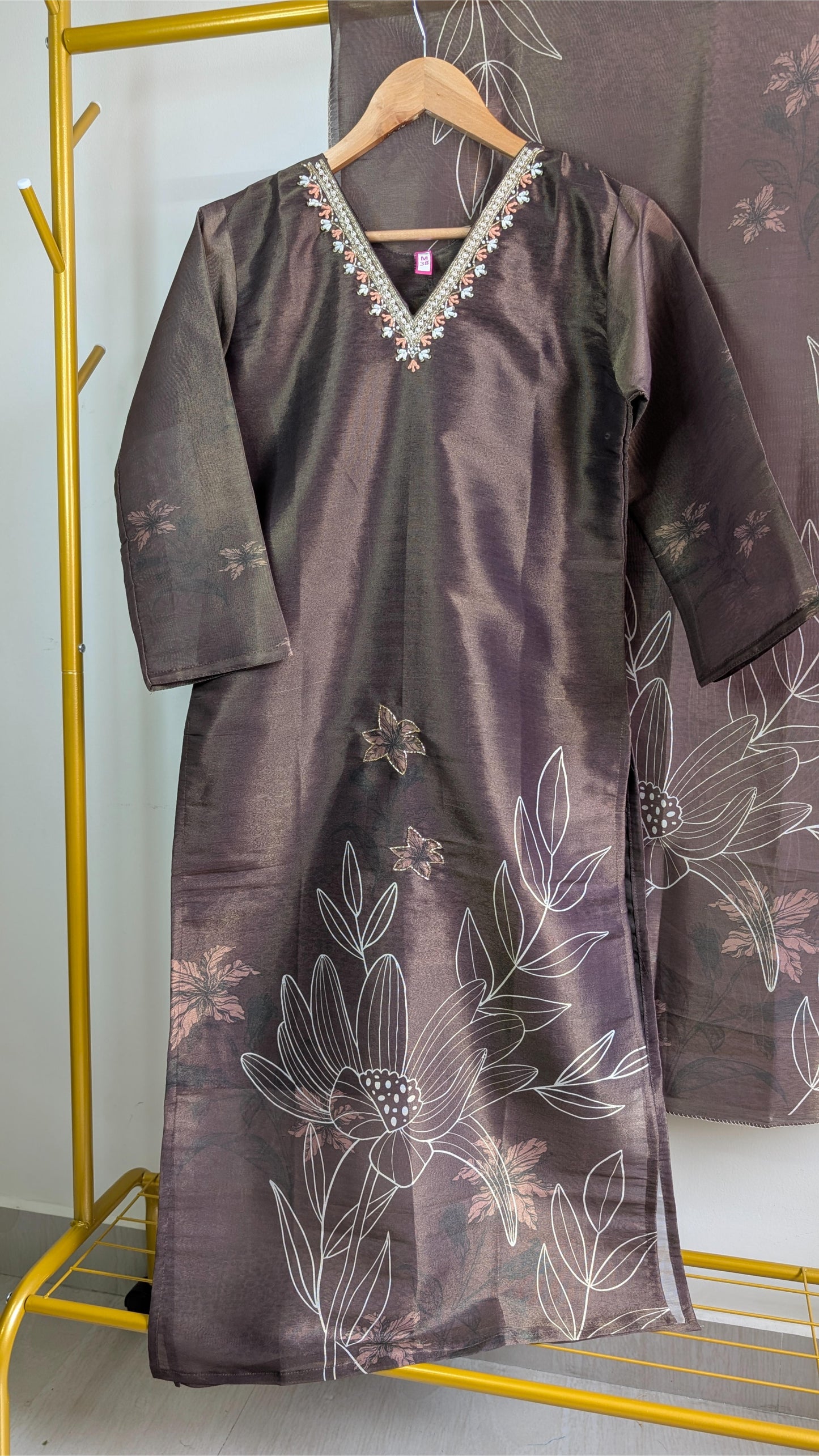 Elegant Coffee Brown Printed Tissue 3-Piece Kurti Set with Embroidered Neckline – Stylish Festive & Office Wear (AC00055)