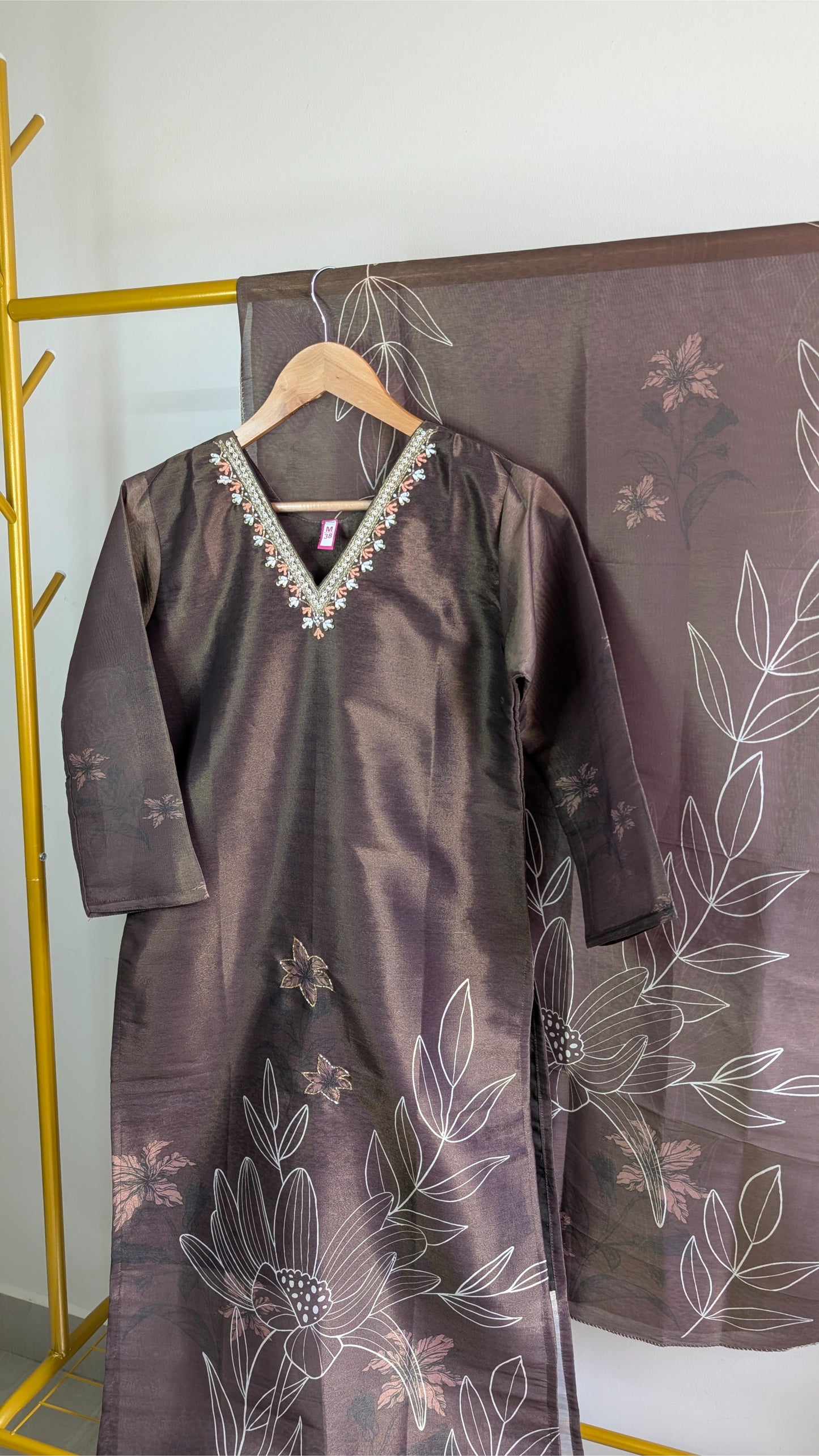 Elegant Coffee Brown Printed Tissue 3-Piece Kurti Set with Embroidered Neckline – Stylish Festive & Office Wear (AC00055)