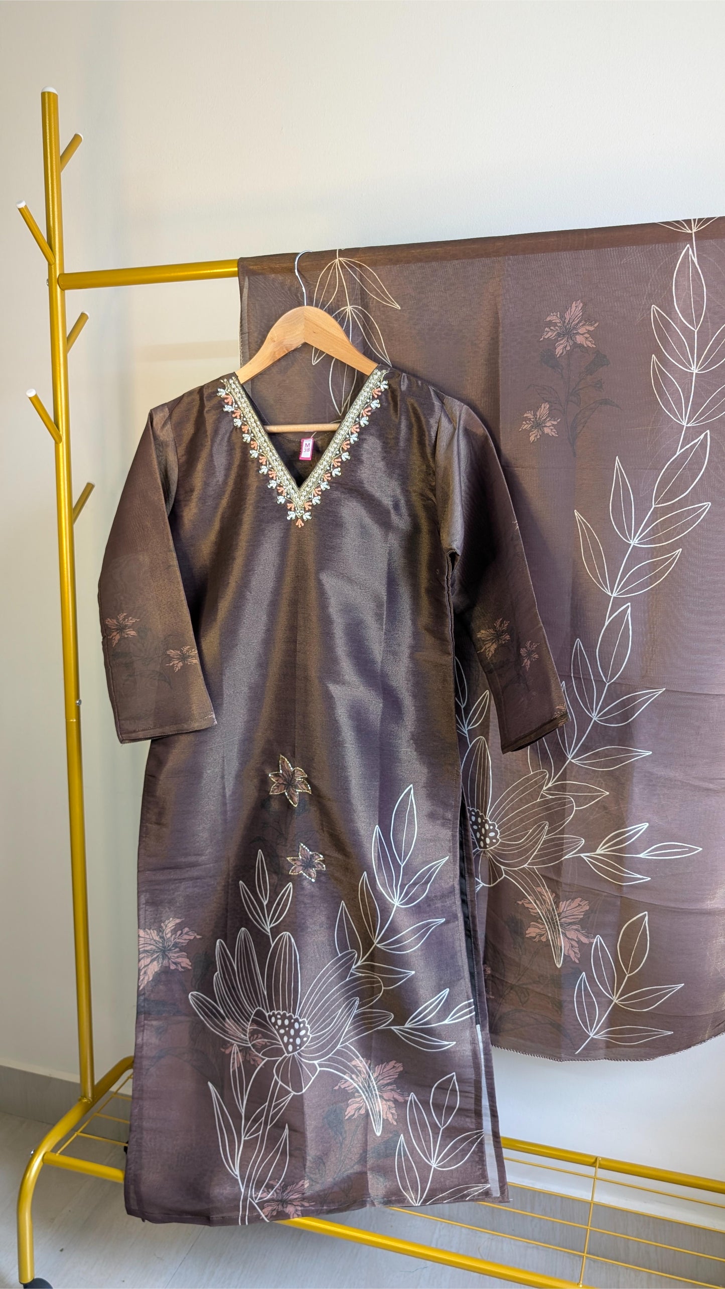 Elegant Coffee Brown Printed Tissue 3-Piece Kurti Set with Embroidered Neckline – Stylish Festive & Office Wear (AC00055)