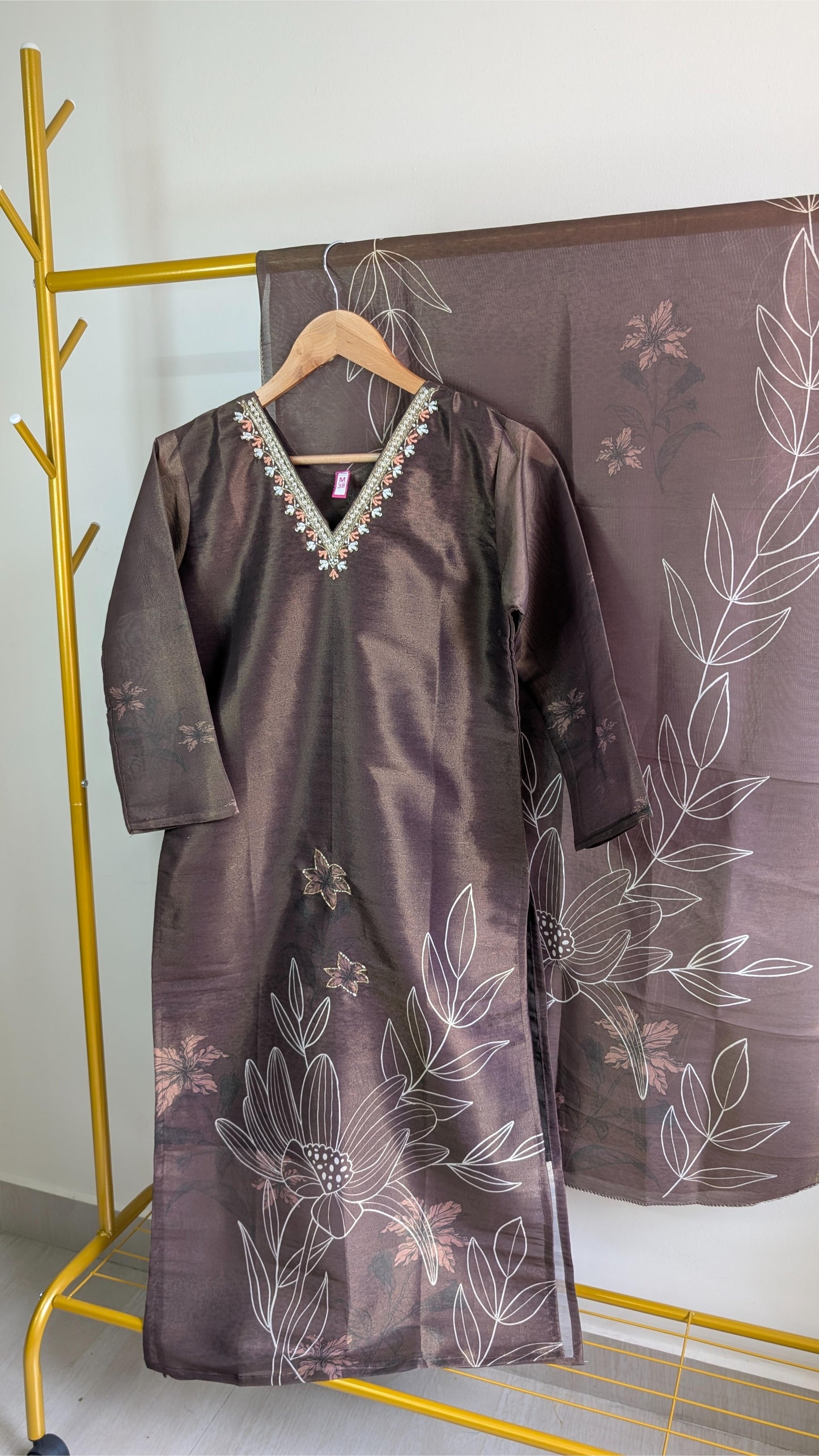 Elegant Coffee Brown Printed Tissue 3-Piece Kurti Set with Embroidered Neckline – Stylish Festive & Office Wear (AC00055)