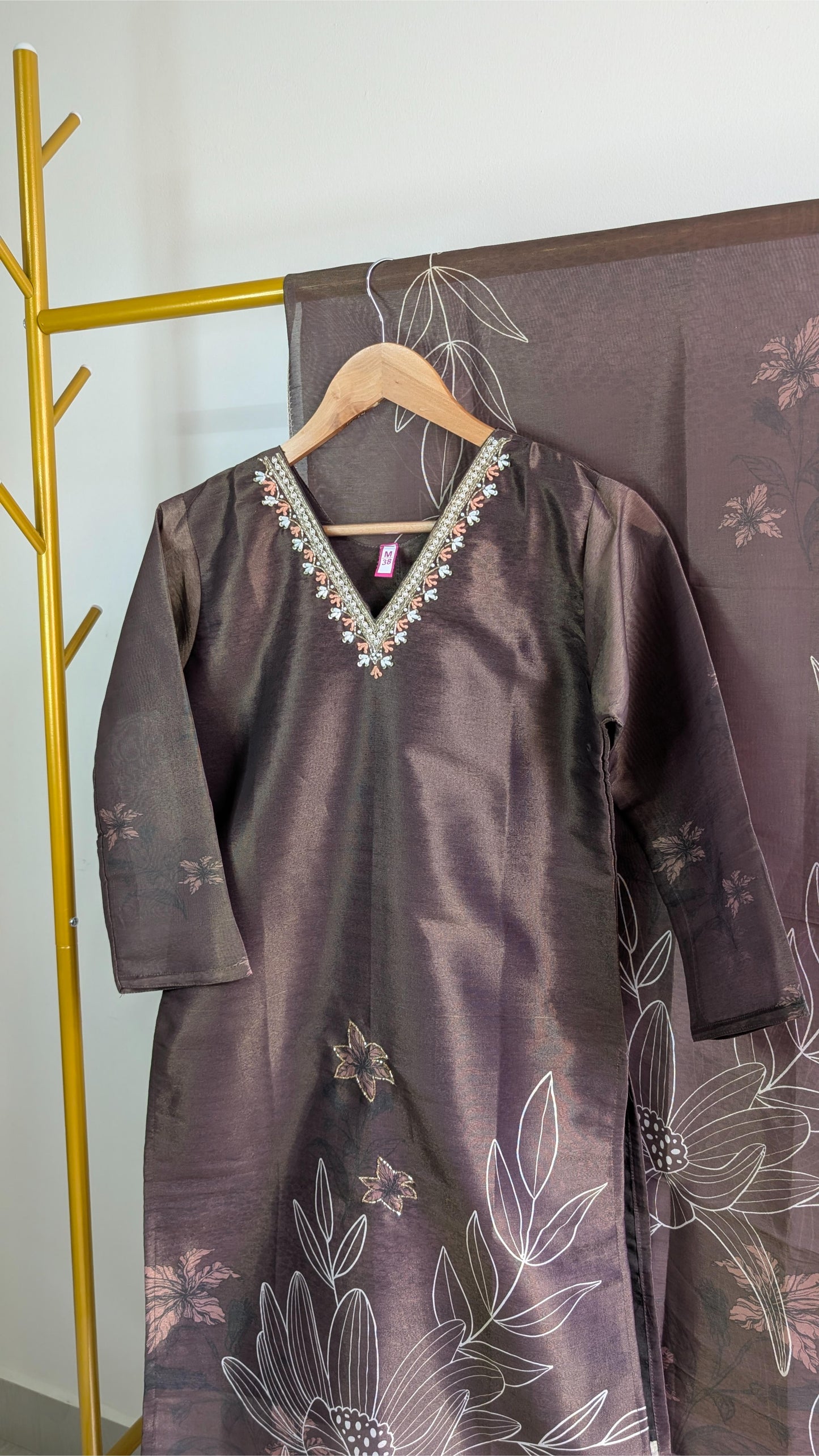 Elegant Coffee Brown Printed Tissue 3-Piece Kurti Set with Embroidered Neckline – Stylish Festive & Office Wear (AC00055)